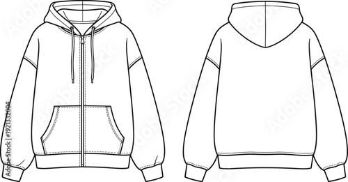 Men's zip up hoodie front and back view, casual sportswear sweatshirt line art illustration isolated background