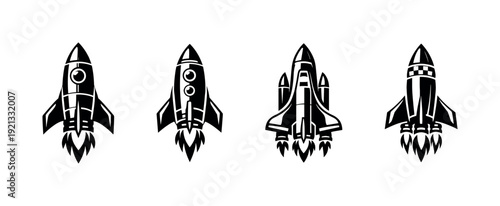 Rocket ships vector icons set: space, spacecraft symbols, futuristic designs
