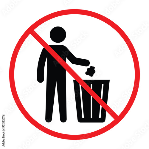 No littering prohibition sign showing a person throwing trash into a bin crossed by a red circle and diagonal line. Simple black pictogram on light background, ideal for public notice, hygiene and saf