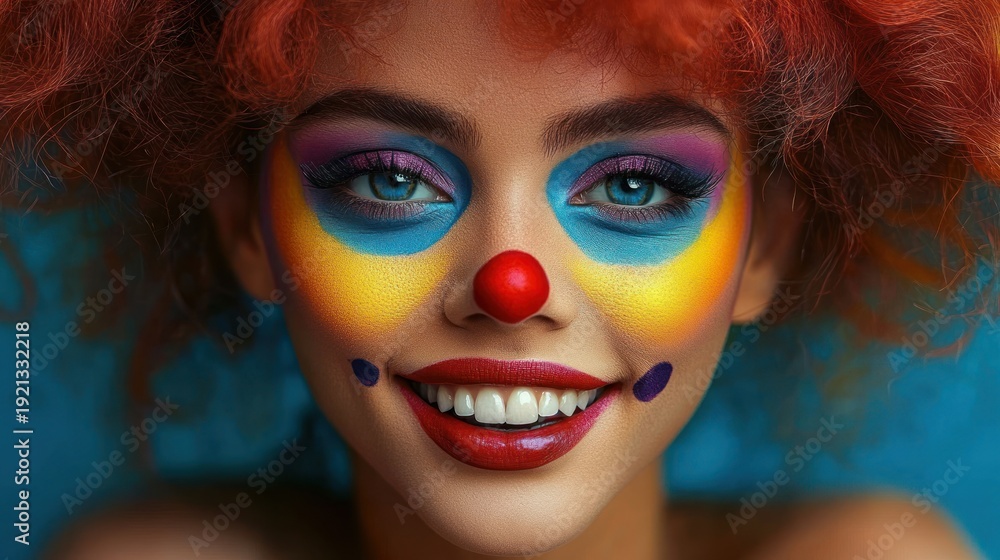 Obraz premium vibrant red curly hair framing a teal backdrop with bare shoulders, playful confident mood