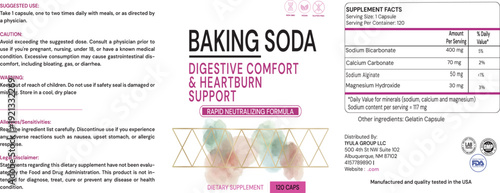 Baking Soda supplement label design template with supplement facts. Professional packaging layout for digestive comfort and heartburn support featuring a clean medical aesthetic vector illustration.