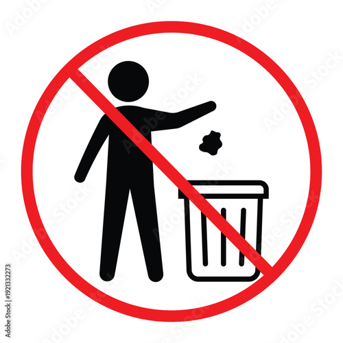 No littering prohibition sign showing a person throwing trash into a bin crossed by a red circle and diagonal line. Simple black pictogram on light background, ideal for public notice, hygiene and saf
