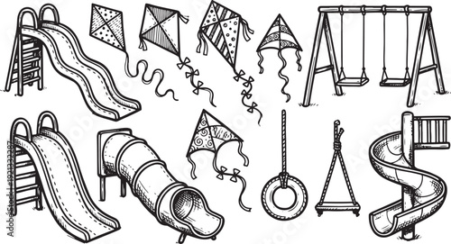 Playground equipment and kites on transparent background for kids fun and recreation