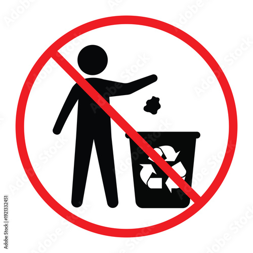 No littering prohibition sign showing a person throwing trash into a bin crossed by a red circle and diagonal line. Simple black pictogram on light background, ideal for public notice, hygiene and saf
