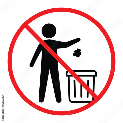 No littering prohibition sign showing a person throwing trash into a bin crossed by a red circle and diagonal line. Simple black pictogram on light background, ideal for public notice, hygiene and saf