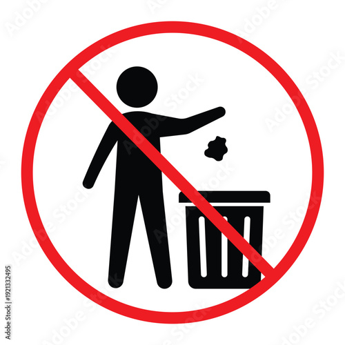 No littering prohibition sign showing a person throwing trash into a bin crossed by a red circle and diagonal line. Simple black pictogram on light background, ideal for public notice, hygiene and saf