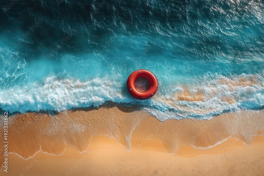 Obraz premium solitary red lifebuoy floating near shoreline with turquoise waves washing over golden sandy beach, calm and peaceful summer scene