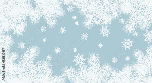Winter Holiday Background with Snowy Pine Branches and Falling Snowflakes