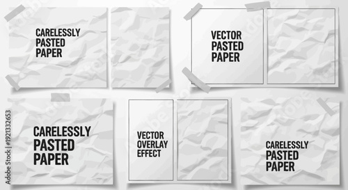 Set of Crumpled Paper Sheets with Tape Overlays for Vector Design Elements