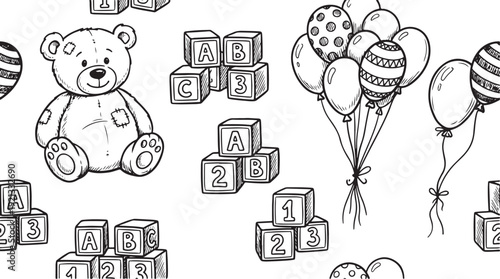 Black and white teddy bear alphabet blocks and colorful balloons on transparent background for kids