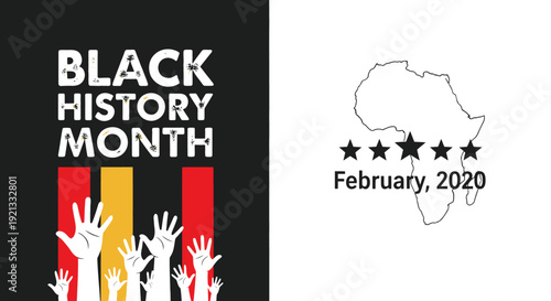 Diverse Hands Raised Celebrating Black History Month with African Map and Stars