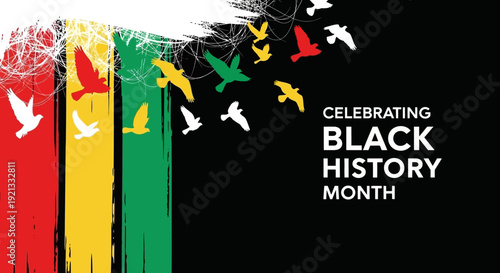 Black History Month Celebration with Flying Birds and Pan-African Flag Colors