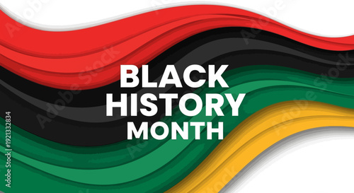 Black History Month Text Overlay on Abstract Pan-African Flag Wavy Background