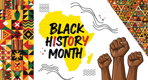 Black History Month celebration with African map, raised fists, and Kente pattern