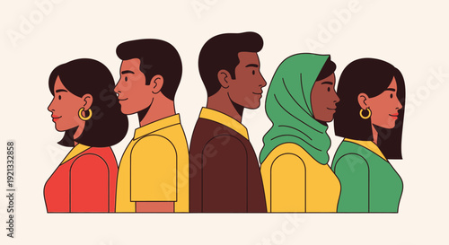 Diverse Group of People Standing Side by Side in Profile Against a Neutral Background