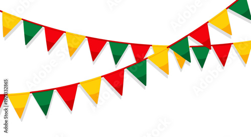 Festive Bunting Flags in Red, Yellow, and Green Streamers Against a White Background