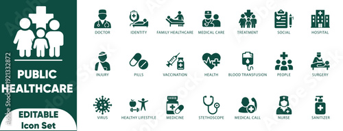 Public health Solid icon set. health protection, medical services, health awareness, disease prevention, Containing community health, and Solid vector.