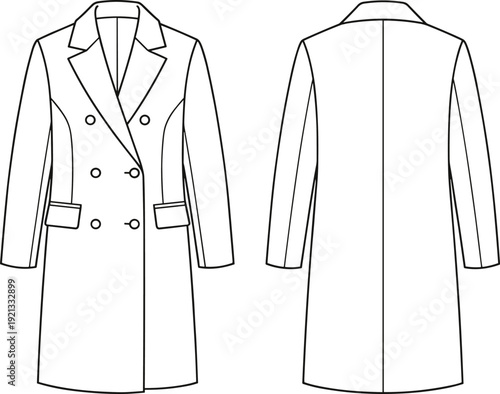 Women's long double breasted coat front and back view, elegant fashion line art illustration isolated background