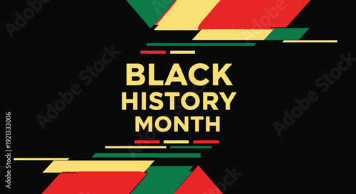 Black History Month celebration with abstract red, yellow, and green shapes on black