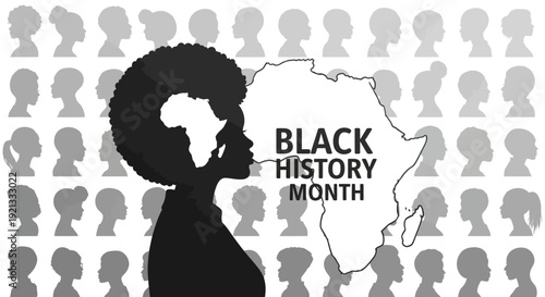 Black History Month Silhouette of Africa and Woman with Diverse People Background