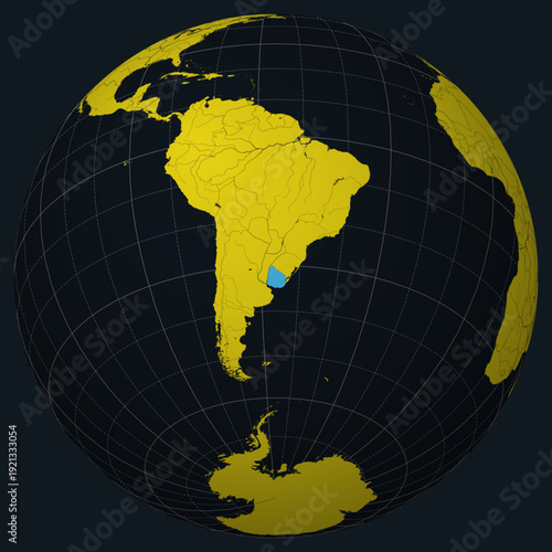 Uruguay on Globe. Country view on the world map in Charcoal Bright Yellow color palette. Uruguay shape on map. Globe with meridians, parallels, countries, rivers and lakes.