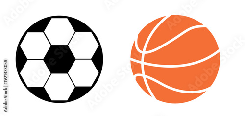 Soccer Ball and Basketball Icon Set – Football and Basketball Sports Vector Illustration, Flat Minimal Design