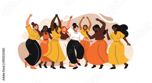 Diverse group of women celebrating and dancing together with joy and freedom