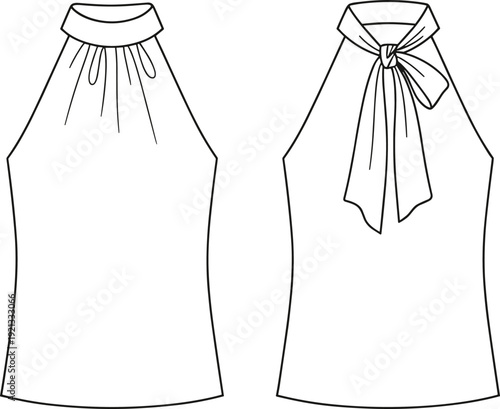 Women's halter neck blouse with bow tie front and back view, elegant fashion line art illustration isolated