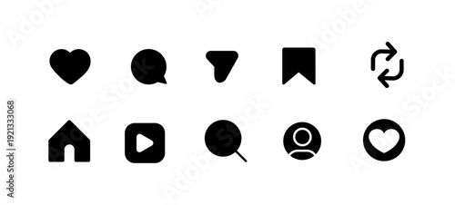 Heart, Comment Bubble, Share Arrow, Repost, Bookmark, Refresh, Home, Play Button, Search, User Profile, and Like Outline Social Media Icons Set – Minimal Black UI Vector Collection