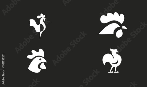 Set of Modern Minimalist White Rooster Logo Designs on Black Background