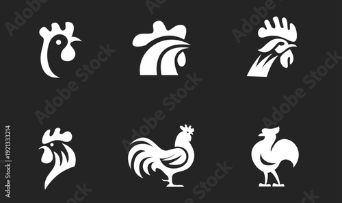 Rooster and Chicken Logos Collection: Six White Vector Icons for Poultry, Farm, and Food Branding