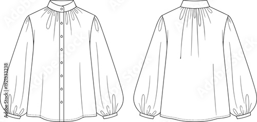 Women's long sleeve button up blouse front and back view, elegant fashion line art illustration isolated on white