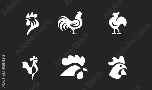 Modern Rooster Logo Set; Collection of Minimalist White Chicken Silhouettes and Icons on Black Background