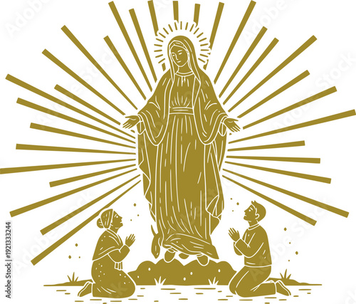 illustration of the Virgin Mary radiating light with two people praying at her feet. Religious symbol of faith, grace, and divine blessing.