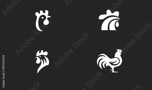 Collection of Stylized White Rooster and Chicken Head Logos and Icons on Dark Background