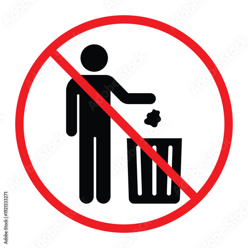 No littering prohibition sign showing a person throwing trash into a bin crossed by a red circle and diagonal line. Simple black pictogram on light background, ideal for public notice, hygiene and saf