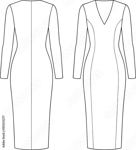 Women's long sleeve bodycon midi dress front and back view, elegant fashion line art illustration isolated background