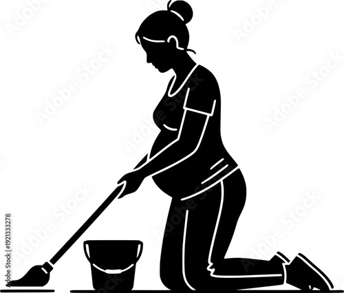 Pregnant woman kneeling and cleaning the floor with a mop and bucket. Illustration of domestic chores, motherhood, and daily life during pregnancy.