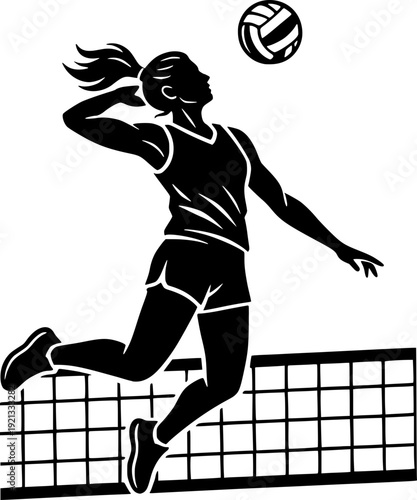 Female volleyball player jumping to spike the ball over the net. Dynamic black and white sports illustration of an athlete in action mid-air.
