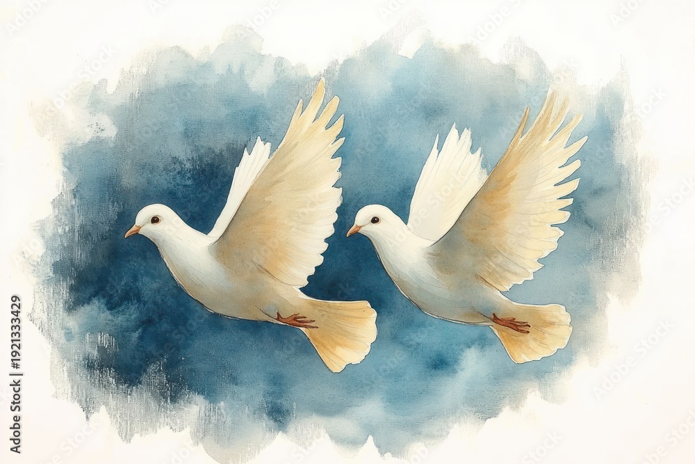 Fototapeta premium Two white doves in flight over a soft blue watercolor sky, graceful and peaceful