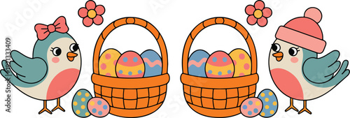 Cute cartoon birds carrying Easter egg baskets vector illustration collection of spring holiday mascots and festive designs set