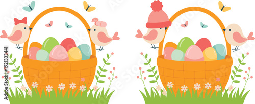 Cute cartoon birds carrying Easter egg baskets vector illustration collection of spring holiday mascots and festive designs set
