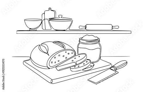Homemade sourdough bread making vector continuous line art drawing, minimalist rustic hand drawn bakery kitchen scene with artisan loaf, starter jar and rolling pin, food illustration background
