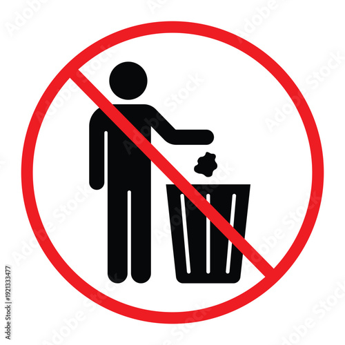 No littering prohibition sign showing a person throwing trash into a bin crossed by a red circle and diagonal line. Simple black pictogram on light background, ideal for public notice, hygiene and saf