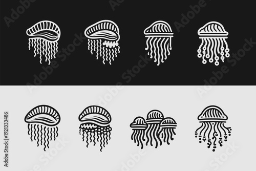 Portuguese Man O War Jellyfish Vector Icon Set