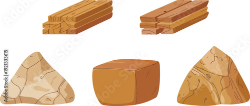 Construction materials collection vector illustration featuring wooden planks, sand pile, and cardboard boxes isolated industrial set