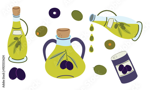 Olive oil set with glass bottles, jars, and fresh olives. Flat vector illustration for organic food branding, Mediterranean recipes, and healthy menu