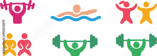 Modern flat fitness sport icons set featuring weightlifting swimming boxing and gym training colorful vector illustration collection