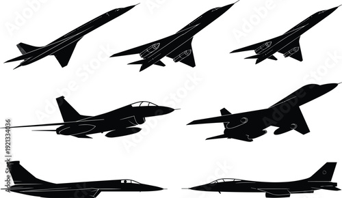 Military jet silhouettes collection, fighter aircraft and bomber planes set, black vector illustration isolated on white background aviation defense concept