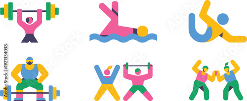 Modern flat fitness sport icons set featuring weightlifting swimming boxing and gym training colorful vector illustration collection
